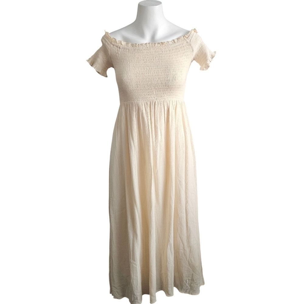 Urban Outfitters Amelia Beige Cream Off Shoulder Smock Midi Dress Sm NWT Granola